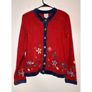 1990s Koret Blue Red Patriotic Country Chic Floral Patchwork Speckled Cardigan M